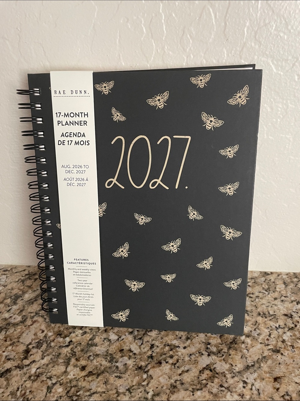 Rae Dunn Black and Gold 2027 Spiral Planner with Bee Motif